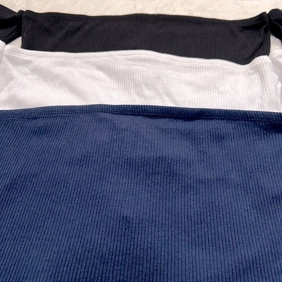 Off The Shoulder Ribbed Tube Crop Top with sleeves in Black White & Blue - Picture 2 of 7